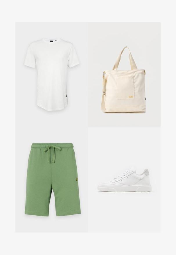 Camiseta blanca de manga corta hecha de algodón, con un escote redondo y una parte trasera ligeramente alargada, con un pequeño logotipo en el lateral.; Pantalones cortos de algodón verde con cintura elástica y cordón ajustable. Presenta un pequeño logo bordado amarillo en el lado izquierdo.; Zapatillas de cuero blanca con un acabado suave, punta redondeada, cordones planos y una suela texturada. Acento de ante gris en el talón.; Bolsa tote de lona color crema con bolsillo delantero, dos asas, correa de hombro ajustable y pequeño texto amarillo "O.N.S" en la parte inferior derecha del bolsillo.