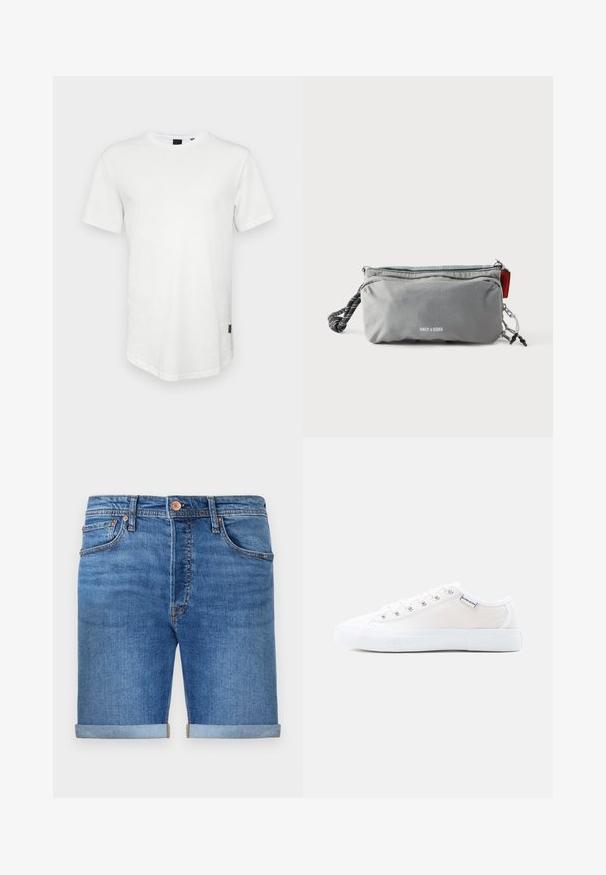 Weißes T-Shirt mit kurzen Ärmeln aus Baumwolle, mit Rundhalsausschnitt und einem leicht verlängerten Rückenteil, sowie einem kleinen Logo-Akzent an der Seite.; Denim-Shorts in einem mittleren Blauton mit umgeschlagenen Säumen, Fünf-Taschen-Design, Messingknopfverschluss und kontrastierenden Nähten.; Weißer Canvas-Sneaker in niedriger Schnittform mit weißer Gummisohle und weißen Schnürsenkeln, Seitenetikett mit "Björn Borg"-Logo.; Graue rechteckige Tasche mit Reißverschlüssen, schwarz-weißem Griff aus Seil an einer Seite und dem Schriftzug "ONLY & SONS" vorne in der Mitte.