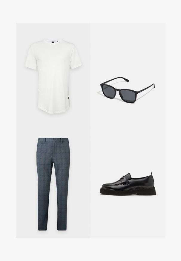 Witte t-shirt met korte mouwen, gemaakt van katoen, met een ronde halslijn en een iets verlengde achterkant, voorzien van een klein logo-accent aan de zijkant.; Slim-fit herenkleedbroek in blauwgrijs met een subtiel ruitpatroon, voorste knoop, riemlussen en een vlak ontwerp aan de voorkant.; Zwarte leren instapschoenen in loafer-stijl, met een vlakke, gestructureerde zool, voorzien van een gestikte neus en een band over de wreef.; Zwarte rechthoekige zonnebril met donkere lenzen, slanke kunststof montuur en rechte pootjes. Bevat een subtiele logo aan de zijkant.