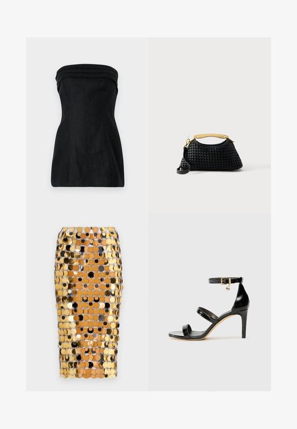 Sort strapless top med en struktureret pasform, der har lagdelte detaljer ved halsudskæringen og en glat overflade. Lige silhuet med sømdetaljer.; Rabanne Pencil skirt - brown/black; Sorte patenterede lædersandaler med tre stropper, ankelspænde og 10 cm stiletthæl. Har detaljer i guld og et logo charms.; Sort vævet håndtaske med buet form, guldfarvet metal top håndtag og aftagelig sort skulderrem på hvid baggrund.