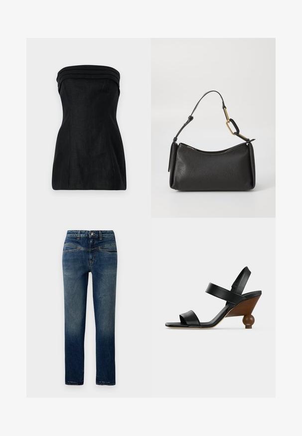Sort strapless top med en struktureret pasform, der har lagdelte detaljer ved halsudskæringen og en glat overflade. Lige silhuet med sømdetaljer.; Mørkeblå denim jeans med lige snit, der har lys fading, orange syninger og en knaplukning i taljen.; Sort læder åben tå sandal med to remme og en træ kilehæl med en rund kugleformet bund.; Sort læder skuldertaske med en struktureret overflade, buet form, kort håndtag og guld hardware detaljer. Lynlåslukning på toppen.