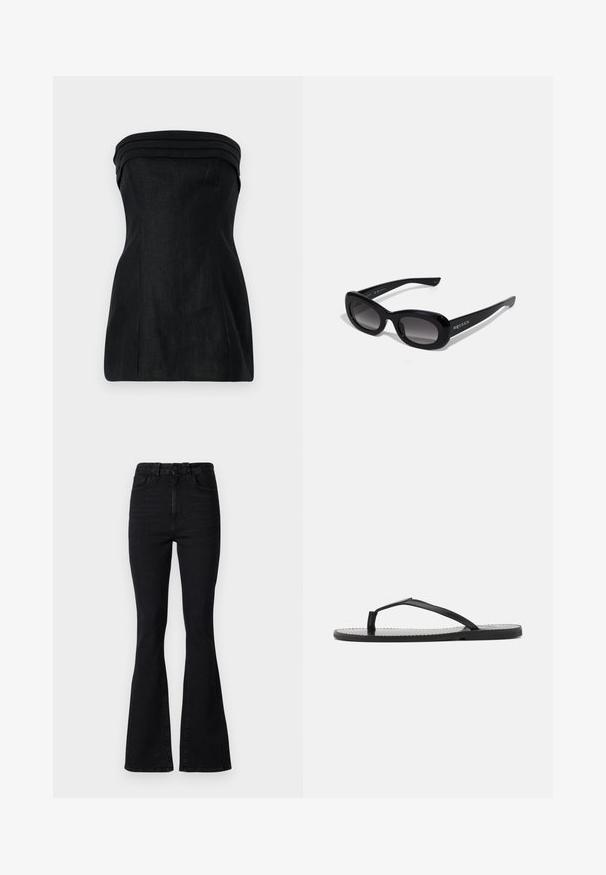 Schwarzes, trägerloses Oberteil mit strukturierter Passform, das überlagerten Akzenten am Kragen und einer glatten Textur verfügt. Gerader Schnitt mit Nahtdetails.; Schwarze Schlagjeans mit hoher Taille, aus Denim. Merkmale sind ein Knopfverschluss, ein Fünf-Taschen-Design und eine glatte Textur.; Schwarze Flip-Flops mit minimalistischer Gestaltung, ausgestattet mit dünnen Riemen und einer flachen Sohle. Das Material wirkt plastisch mit einer glatten Oberfläche.; Schwarze, übergroße Sonnenbrillen mit glänzender Oberfläche, Verlaufsgläsern und abgerundeter rechteckiger Form; mit Logo an der Seite.