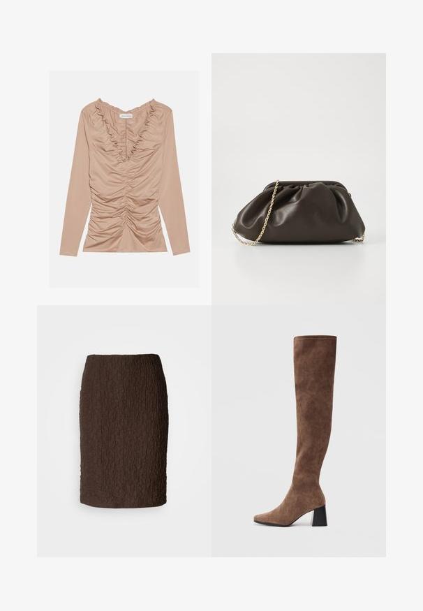 Top à manches longues en beige clair, avec un design froncé et un col volanté. Tissu lisse et extensible avec une silhouette ajustée.; Jupe marron longueur genou en tissu texturé avec une surface froissée. Présente un design ajusté et ne comporte aucune fermeture ou accent visible.; Bottes marron au-dessus du genou en suede doux avec un bout pointu et un talon épais noir. Le design présente des coutures sans couture pour un look élégant.; Sac à main en cuir marron avec un design froncé, une bandoulière en chaîne dorée et une finition douce et texturée. Sa forme compacte est idéale pour une utilisation en soirée.
