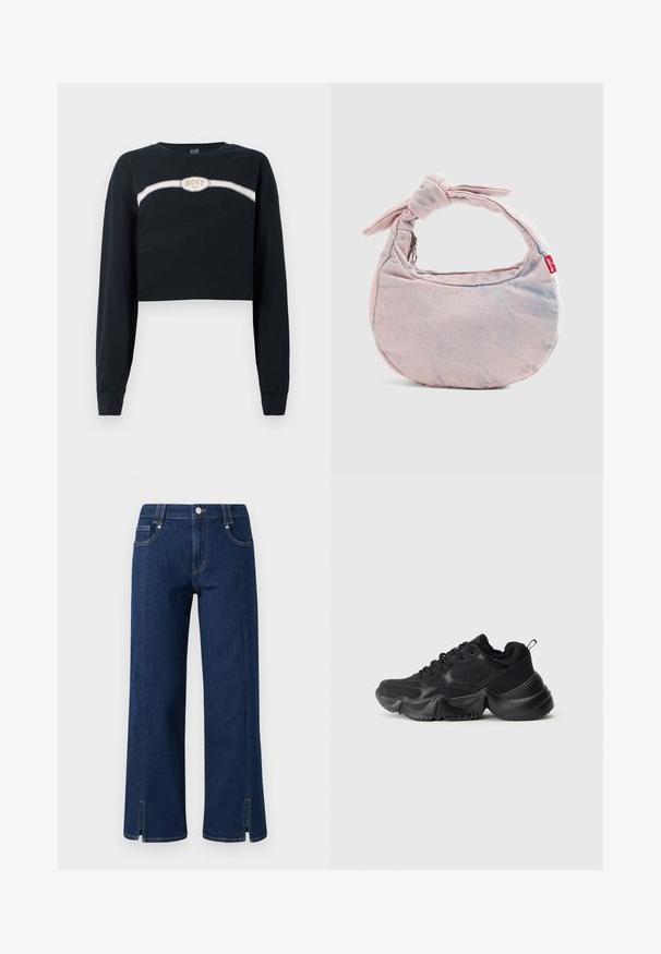 Korte zwarte lange mouwen sweatshirt gemaakt van katoen met een witte en roze streep en een Roxy-logo aan de voorkant.; Donkerblauwe denim wijde broek met een hoge taille, voorzien van zijzakken, een frontale knoopsluiting en gespleten zoom voor extra detail.; Zwarte sneakers met een mix van gladde en textuurmaterialen, dikke zolen, ronde vorm en decoratieve stiksels. Voorzien van een zachte, pluche manchet.; Lichtroze spijkerstof handtas in halve maanvorm met een gestrikte band en een rode Levi's-label op een effen achtergrond.