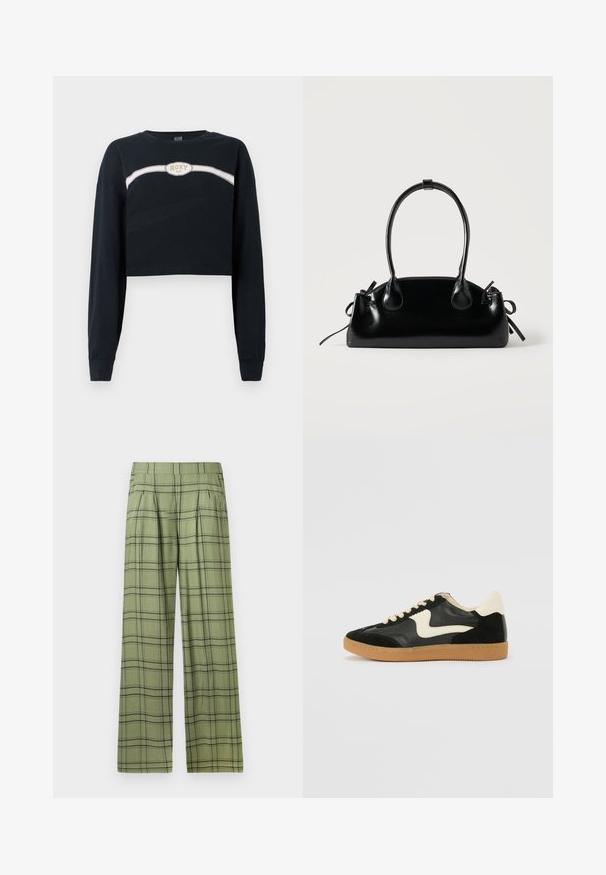 Korte zwarte lange mouwen sweatshirt gemaakt van katoen met een witte en roze streep en een Roxy-logo aan de voorkant.; Groene wijde broek met een zwart plaid patroon en een hoge tailleband, voorplooien en zijzakken.; Zwarte suède en leren sneaker met een crèmekleurige zij-swoosh en lichte crèmekleurige hiel. Voorzien van beige veters en een gumrubberen zool.; Kleine zwarte glanzende handtas met twee lange hengsels en zijkant trekkoord details op een effen lichte achtergrond.