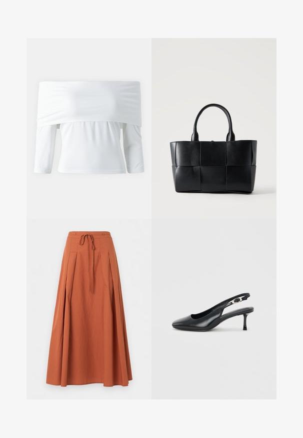 Top blanc à épaules découvertes avec des manches longues, en tissu doux, proposant une taille froncée et une texture lisse.; Jupe longue terracotta avec plis sur le devant et cordon à la taille, présentée sur un fond uni.; Chaussure slingback noire en cuir à bout pointu avec un petit talon aiguille bas et une bride réglable à boucle sur un fond clair uni.; Sac fourre-tout en cuir noir avec de grands panneaux carrés tissés et deux poignées arrondies sur un fond clair uni.