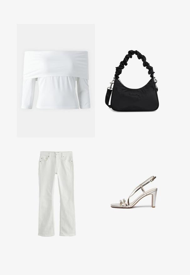 Off-the-shoulder witte top met lange mouwen, gemaakt van zachte stof, met een geplooide taille en een gladde textuur.; Witte denim jeans met rechte pijpen, voorzakken, riemlussen en knoopsluiting.; Metallisch zilveren hoge hak sandaal met een open teen, voorzien van drie dunne banden over de voet en een enkelband met een gesp.; Zwarte stoffen handtas met een geraffineerd handvat, ritssluiting en zilverkleurige accenten. Gladde textuur met een licht gestructureerde vorm.