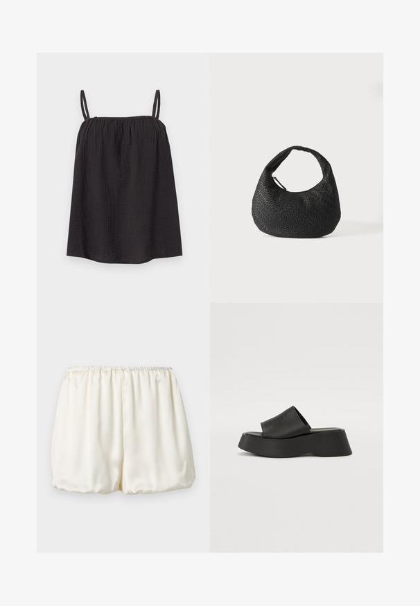 Schwarzes ärmelloses Damen-Top mit dünnen Trägern und gerafftem Ausschnitt, hergestellt aus leichtem, strukturiertem Stoff.; Cremefarbene Satin-Shorts mit gerafftem, elastischem Bund und lockerem Ballon-Schnitt vor einfachem, hellem Hintergrund.; Schwarze Plateausandalen mit einem breiten Riemen und einer klobigen Sohle. Aus glattem Material mit mattem Finish und ohne sichtbare Hardware gefertigt.; Schwarze gewebte Lederhandtasche mit gebogenem Griff und halbmondförmigem Körper, dargestellt auf weißem Hintergrund.