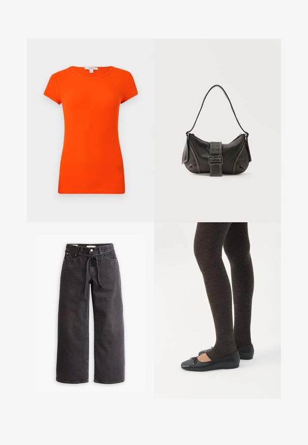 Haut court orange vif à manches courtes en maille côtelée avec col rond, présenté sur un fond blanc uni.; Jeans larges noirs en jean, dotés d'une taille à cordon de serrage, de cinq poches et de détails de couture contrastés. Design à l'avant plat.; Jambes portant des leggings côtelés foncés associés à des ballerines noires avec de petits détails en nœud sur fond blanc.; Sac à épaule en cuir noir avec une sangle à boucle, des bords arrondis et des coutures blanches contrastées sur un fond uni.