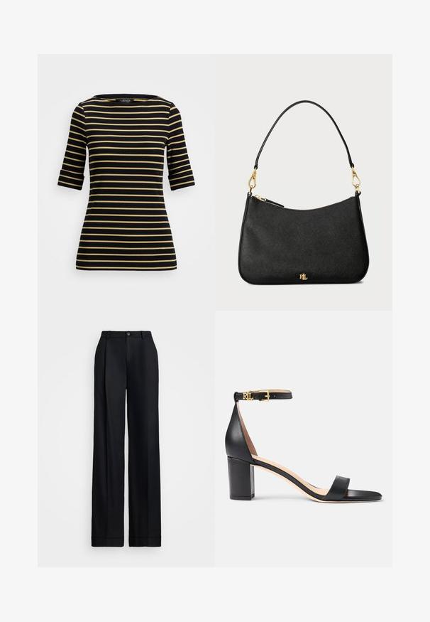 Top de manga corta a rayas negras y doradas con escote barco, que presenta rayas horizontales uniformemente espaciadas y un diseño ajustado.; Pantalones de pierna ancha negros con un acabado suave, frente plano, trabillas para cinturón y un cierre de botón único en la cintura.; Lauren Ralph Lauren LOGAN BURNISHED LEATHER SANDAL - Sandalias - black; Bolso de mano de cuero negro con un diseño estructurado, equipado con un cierre de cremallera, una correa desmontable y acentos de hardware dorado.