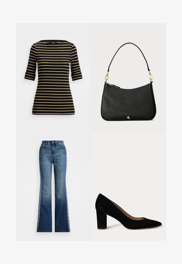 Gestreept zwart en goud kortmouwen top met een bootneck, featuring gelijkmatig verdeelde horizontale strepen en een aansluitend ontwerp.; Polo Ralph Lauren FLARE JEAN - Flared Jeans - boyne wash; Zwarte suède damesschoen met lage blokhak, spits toelopende neus en beige binnenvoering op een witte achtergrond.; Zwarte leren handtas met een gestructureerd ontwerp, voorzien van een ritsluiting, een afneembare schouderband en gouden hardwareaccenten.