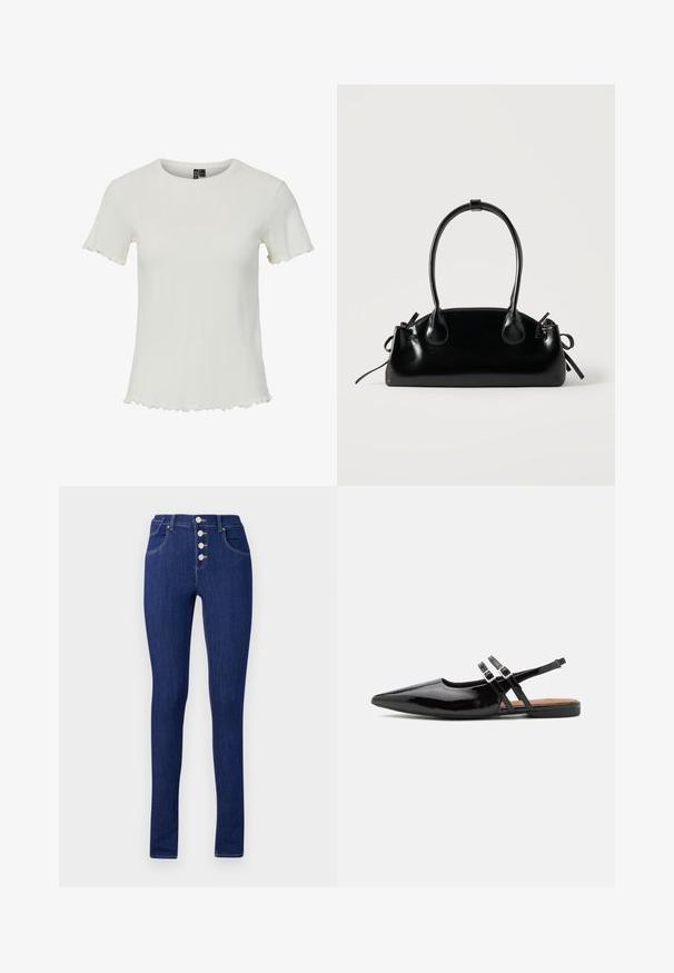Haut blanc à manches courtes avec une texture côtelée, un col rond et des détails en ourlet festonné, conçu pour une silhouette ajustée.; Jean skinny en denim bleu foncé, avec une taille haute, un zip à boutons avec cinq boutons en argent, et des poches arrière minimalistes.; Des chaussures slingbacks en cuir verni noir présentent un bout pointu, deux sangles avec des accents de boucle, et une semelle plate.; Petit sac à main noir brillant avec deux longues anses et des détails à cordon sur les côtés sur un fond clair uni.
