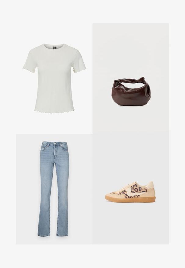 Hvid kortærmet top med ribbet struktur, rund halsudskæring og bølgede kantdetaljer, designet til en tætsiddende silhuet.; Lyseblå denim flared jeans med høj talje, der har lynlås- og knaplukning, fem lommer og diskret falmning langs benene.; Leopardprint sneakers med beige ruskindsoverdel, tan gummisål og hvide detaljer. Rund pegefinger og snørebåndsdesign med en tekstureret finish.; Mørkebrun læder skuldertaske med en blød, afslappet form og et snoet knudehåndtag på en ensartet hvid baggrund.
