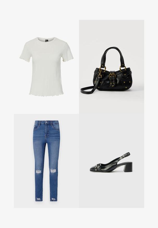 Witte top met korte mouwen en een geribbeld textuur, ronde halslijn en golvende zoomdetails, ontworpen voor een aansluitende pasvorm.; Slanke blauwe jeans met een vervaagde wassing, voorzien van twee kniewonden, vijf zakken, een knoopsluiting en riemlussen. Katoenmix stof.; Zwart leren slingback hak met een spitse neus, eenTextuur strap met cirkelvormige metalen accenten en een gestapelde blokhak.; Zwarte leren handtas met gouden gesp en klinknagel details, korte handvatten en een verstelbare schouderriem op een effen witte achtergrond.