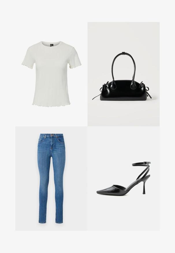 Top blanco de manga corta con textura acanalada, escote redondo y detalles de dobladillo festoneado, diseñado para una silueta ajustada.; Jeans ajustados en denim azul medio, con una cintura alta, diseño clásico de cinco bolsillos, ligero desgaste y una textura suave.; Zapato de tacón alto negro de punta fina con delgadas correas en el tobillo y cierre de hebilla plateada sobre un fondo liso claro.; Pequeño bolso negro brillante con dos asas largas y detalles de cordón lateral sobre un fondo claro liso.