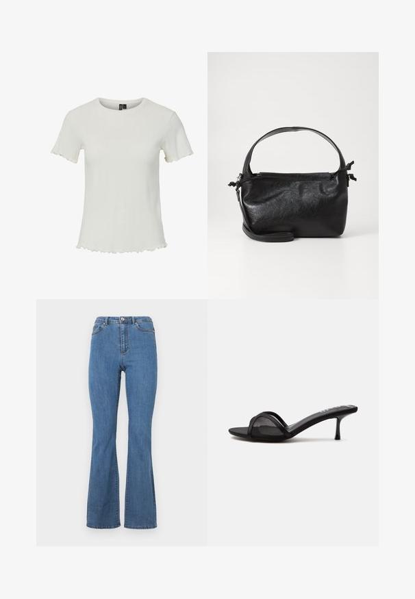Hvid kortærmet top med ribbet struktur, rund halsudskæring og bølgede kantdetaljer, designet til en tætsiddende silhuet.; Blå bootcut jeans lavet af denim, med høj talje, kontrasterende syninger og en enkelt knaplukning foran.; Sort åben tå mule sandal med tyndt netstrop og lav lav hæl på en ensfarvet lys grå baggrund.; Sort læderhåndtaske med et struktureret design, rund tophåndtag og aftagelig skulderrem. Den har en glat tekstur og en subtil glans.