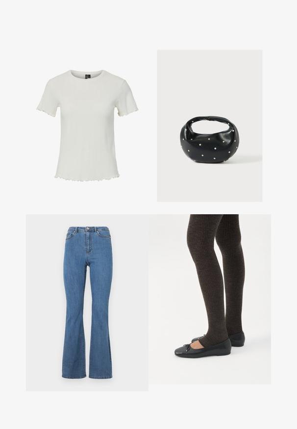 Top blanco de manga corta con textura acanalada, escote redondo y detalles de dobladillo festoneado, diseñado para una silueta ajustada.; Vaqueros de campana azules hechos de denim, con una cintura alta, costuras en contraste y un cierre de botón único en la parte frontal.; Piernas con leggings oscuros acanalados combinados con bailarinas negras que presentan pequeños detalles de lazo sobre un fondo blanco.; Bolso de mano de cuero negro con forma redondeada, decorado con detalles de tachuelas plateadas y un asa corta. Textura lisa y cierre con cremallera.