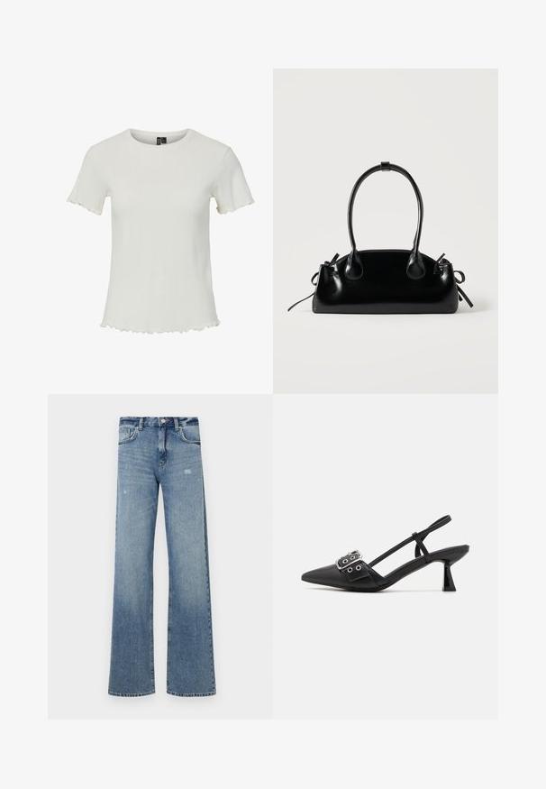 Top blanco de manga corta con textura acanalada, escote redondo y detalles de dobladillo festoneado, diseñado para una silueta ajustada.; Jeans de mezclilla azul claro con cintura alta, diseño de pierna ancha, ligera desgastación y estructura tradicional de cinco bolsillos.; Simmi London DALA - Tacones - black; Pequeño bolso negro brillante con dos asas largas y detalles de cordón lateral sobre un fondo claro liso.