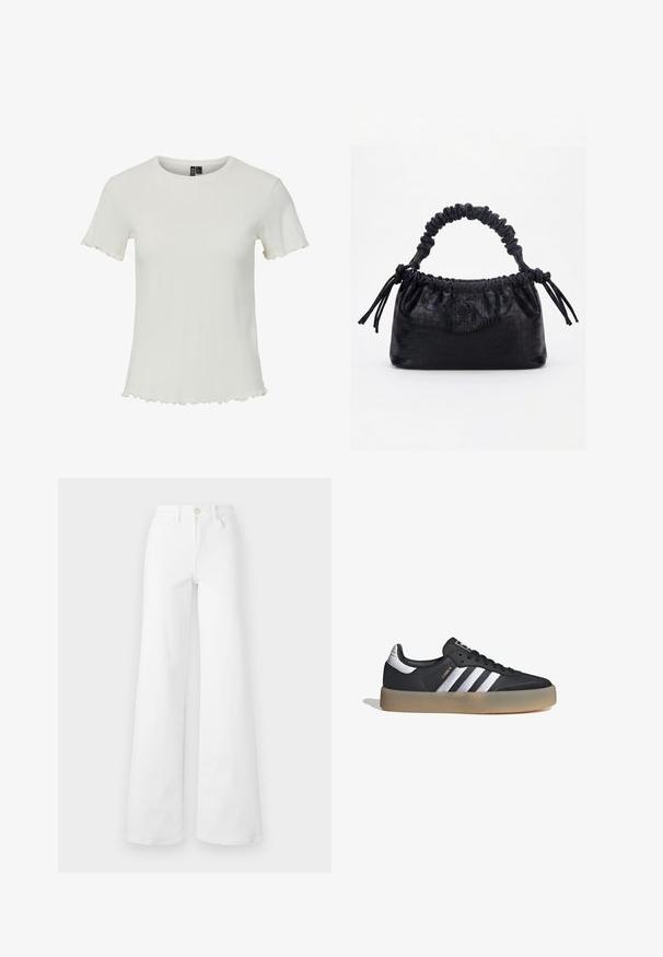 Top blanco de manga corta con textura acanalada, escote redondo y detalles de dobladillo festoneado, diseñado para una silueta ajustada.; Jeans ancho blancos en tela de mezclilla con una cintura alta, que cuentan con bolsillos frontales, trabillas para cinturón y un cierre de botón. Textura suave, sin patrones.; Zapatilla deportiva de cuero negro con tres rayas plateadas, punta texturizada y suela de goma. Cuenta con un collar acolchado y un diseño con cordones.; Bolso negro con textura de cocodrilo, borde superior fruncido, asa recogida y cordones con borlas en cada lado sobre un fondo blanco.