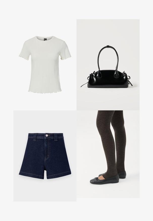 Haut blanc à manches courtes avec une texture côtelée, un col rond et des détails en ourlet festonné, conçu pour une silhouette ajustée.; Shorts en denim bleu foncé avec une coupe classique, un design à cinq poches et des coutures jaunes contrastantes, fermés par un bouton en métal.; Jambes portant des leggings côtelés foncés associés à des ballerines noires avec de petits détails en nœud sur fond blanc.; Petit sac à main noir brillant avec deux longues anses et des détails à cordon sur les côtés sur un fond clair uni.