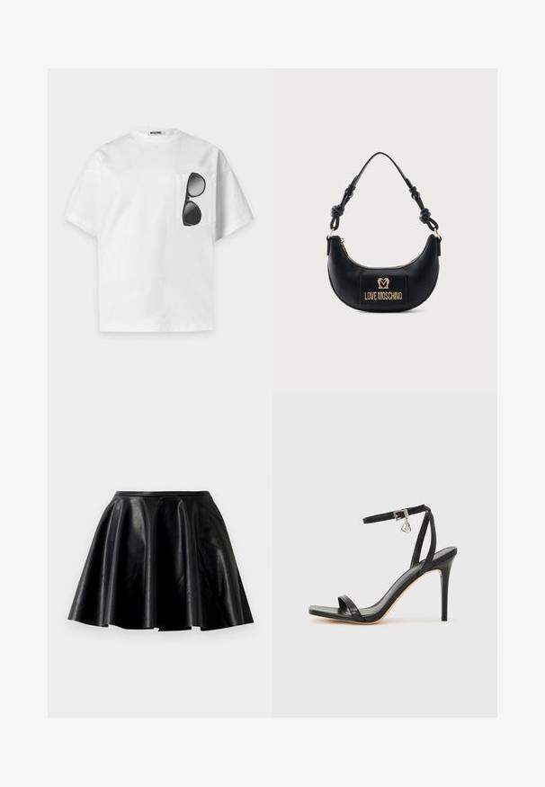 Hvid kortærmet t-shirt med brystlomme med trykt sort solbrilledesign og et Moschino-mærke ved kraven.; Sort læder nederdel i flare-stil med en glat tekstur, bred kant og en tætsiddende talje. Overfladen har en subtil glans og ingen synlige dekorationer.; Sort hæl-sandal med smal ankrem, firkantet tå-boks, glat lædermateriale og metalspænde som pynt.; Sort halvmåneformet håndtaske med knyttet håndtag og guld "Love Moschino" logo plaque foran, lynlåslukning øverst.
