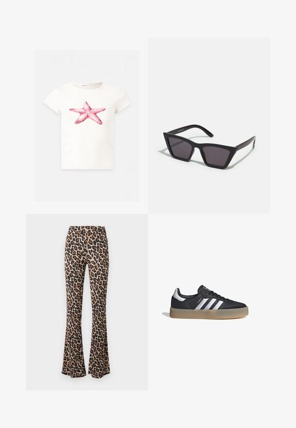 Camiseta blanca de manga corta con un gran dibujo de una estrella de mar rosa centrado en el frontal.; Pantalones acampanados de estampado de leopardo en tono marrón y negro, hechos de una tela suave con una textura lisa, con una cintura ajustada y un dobladillo acampanado.; Zapatilla deportiva de cuero negro con tres rayas plateadas, punta texturizada y suela de goma. Cuenta con un collar acolchado y un diseño con cordones.; Gafas de sol negras y angulares con lentes grises; fabricadas en plástico, con varillas gruesas de superficie suave y sin herrajes visibles.