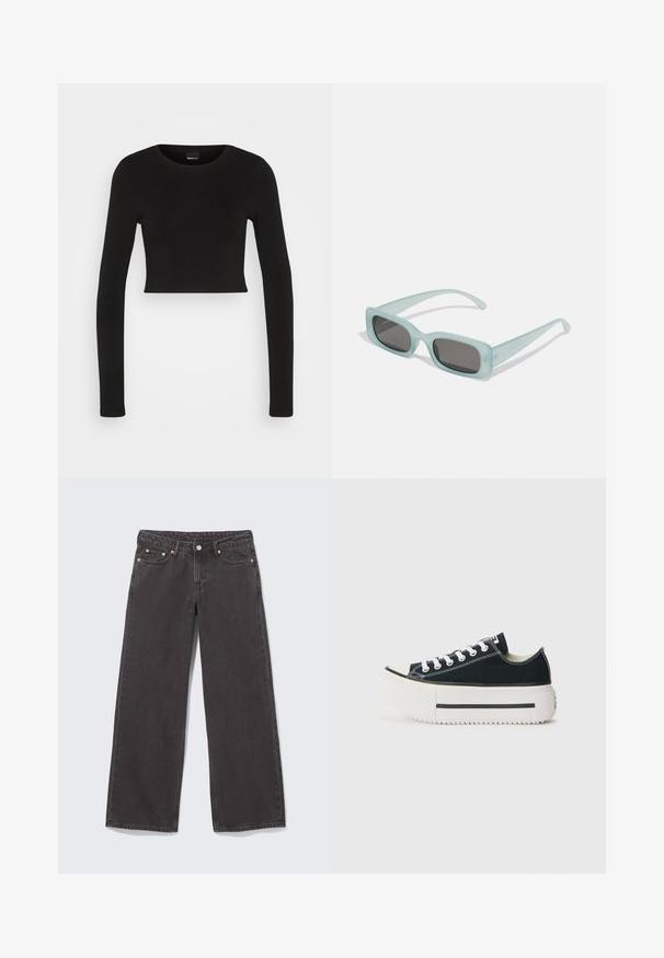 Gina Tricot LONGSLEEVE - Langarmshirt - black; Schwarze Jeans mit weitem Bein aus Denim, ausgestattet mit Kupfernieten, fünf Taschen und einem Knopfverschluss. Weiche, robuste Textur, mit einem geraden Schnitt von der Taille bis zum Saum.; Schwarze Canvas-Sneaker mit einer weißen Gummisohle, die eine dicke Plateausohle, weiße Schnürsenkel und kontrastierende Nähte entlang der Nähte aufweisen.; Ein Paar rechteckige Sonnenbrillen mit lichtblauen, halbtransparenten Rahmen und dunkelgrauen Gläsern, ausgestattet mit geraden Bügeln und minimalen Hardware-Details.