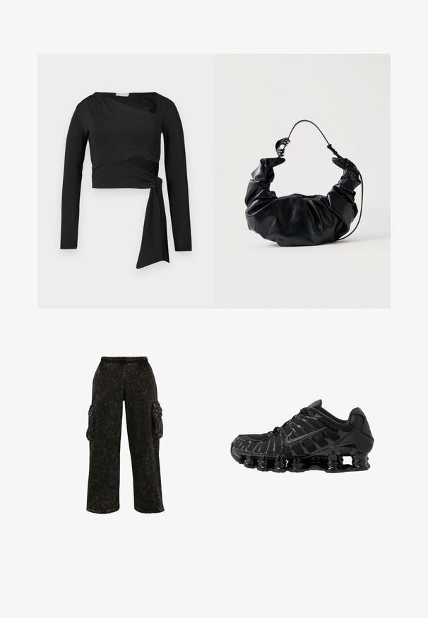 Zwarte lange mouwen asymmetrische crop top met een fitted ontwerp en zijstrikdetail op een witte achtergrond.; Zwarte cargo pants met een gestructureerde afwerking, elastische tailleband en zijzakken. Heeft wijde pijpen en een relaxte pasvorm.; Zwarte sportieve schoen met mesh-bovenwerk en glanzende overlays. Bevat afgeronde spoelvering en textuur lijnen aan de zijkant. Nike-logo zichtbaar.; Zwarte neplederen handtas met een zacht, geplooid ontwerp en een flexibele handgreep, met een gladde textuur en subtiele glans.
