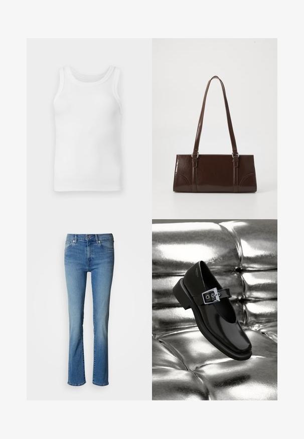 Débardeur sans manches en coton blanc côtelé avec encolure ronde, présenté à plat sur un fond gris clair.; Jean en denim bleu clair avec une coupe droite, présentant un design classique à cinq poches et un léger effet délavé, fini avec des éléments métalliques.; Chaussure Mary Jane en cuir noir avec un bout carré, un accent de boucle en argent et un talon bas épais, sur un fond argenté brillant.; Sac à main en cuir verni marron de forme rectangulaire, avec deux longues poignées et des accents courbés subtils à l'avant.