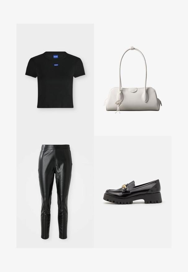 Schwarzes kurzärmeliges Crop-T-Shirt mit Rundhalsausschnitt und zwei kleinen blauen HUGO-Markenlabels vorne und am Kragen.; Schwarze Lederhosen mit schmaler Passform, die über eine glatte Textur und einen hohen Bund verfügen. Die Details umfassen Knieakzente für ein zusätzliches Design.; Schwarze Lackleder-Latschen mit einer dicken, gezackten schwarzen Sohle und einem goldenen Hardware-Akzent an der Vorderseite. Glatte Textur, klassisches Design.; Weiße Calvin Klein Schultertasche mit langen Griffen, rechteckiger Form, Reißverschluss und dekorativem Logo-Anhänger, der in der Nähe des Griffs hängt.