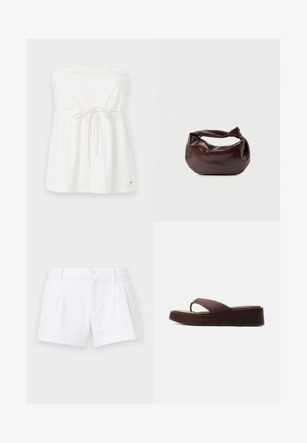 Top blanco sin tirantes hecho de algodón con cuello smock, cintura con cordón y sutiles acentos de costura roja.; Bermudas de lino blancas con pliegues, cierre de botón y bolsillos laterales. Presentan un corte ajustado y una textura suave.; Sandalia tipo flip-flop con plataforma marrón, suela gruesa y una tira ancha sobre los dedos, sobre fondo blanco liso.; Bolso de hombro de cuero marrón oscuro con una forma suave y caída, y un asa con nudo torcido sobre un fondo blanco liso.