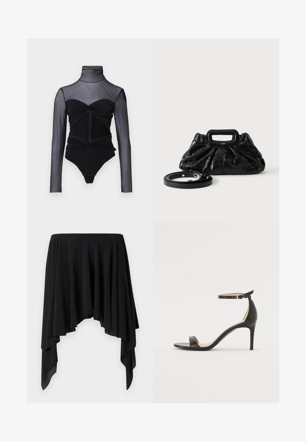 Sort bodysuit med en gennemsigtig, langærmet overdel. Har en høj hals, rynket detaljering og en lynlås foran. Glat stof med en tætsiddende pasform.; Sort asymmetrisk nederdel lavet af blødt stof, der har draperede lag og et bredt livbånd, hvilket skaber en flydende silhuet.; Sort læder højhælede sandaler med ankelrem. Har en glat tekstur, åben tå og en tynd hæl. Guldtonet spænde detalje.; Lille sort læderhåndtaske med rynket tekstur, rektangulært håndtag og aftagelig tynd skulderrem placeret ved siden af.