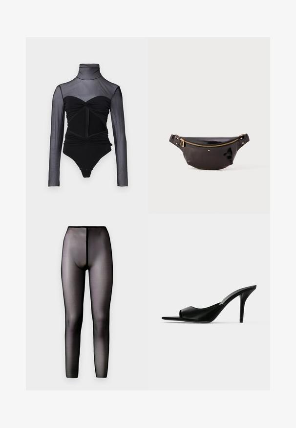 Sort bodysuit med en gennemsigtig, langærmet overdel. Har en høj hals, rynket detaljering og en lynlås foran. Glat stof med en tætsiddende pasform.; Gennemsigtige sorte leggings med høj talje og en glat tekstur. Har et sømløst design og en tætsiddende silhuet.; Sort læder åben tå højhælet mule med en slank stilet hæl, vist i sideprofil på en ensfarvet baggrund.; Sort, blank, læder bæltetaske med et buet design, guld lynlås accent, justerbar strop og små dekorative hardware.