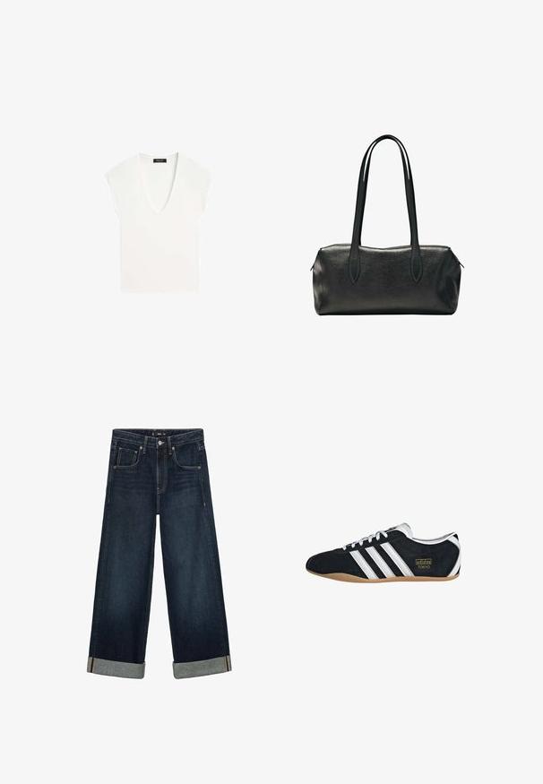 Weißes ärmelloses Top mit tiefem V-Ausschnitt und breitem Schulterdesign, flach auf weißem Hintergrund gezeigt.; Dunkelblaue Denim-Jeans mit einem weiten Bein-Design, mit umgeschlagenen Säumen, fünf Taschen und einem Knopfverschluss. Deutlich sichtbare, kräftige Nähte.; Schwarze Wildledersneaker mit drei weißen Streifen, goldenem Logo und brauner Gummisohle. Merkmale ein niedrigprofiliertes Schnürdesign.; Schwarze rechteckige Lederhandtasche mit zwei langen Schulterriemen und einem Reißverschluss an der Oberseite.