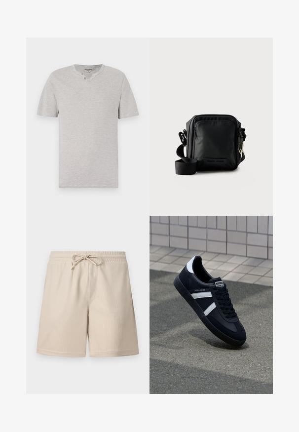 T-shirt à manches courtes, rayé gris et blanc, avec un col rond et deux boutons au niveau du cou. Tissu doux avec une coupe décontractée.; Shorts beige avec une texture côtelée, taille élastique avec cordon de serrage et poches latérales, présentant un design simple et fonctionnel.; Sneaker en cuir noir avec des rayures blanches, semelle en caoutchouc texturée et devant à lacets. Présente une étiquette de marque sur la languette.; Petit sac bandoulière noir compact avec poche zippée à l'avant, bandoulière réglable et tissu texturé sur fond uni.