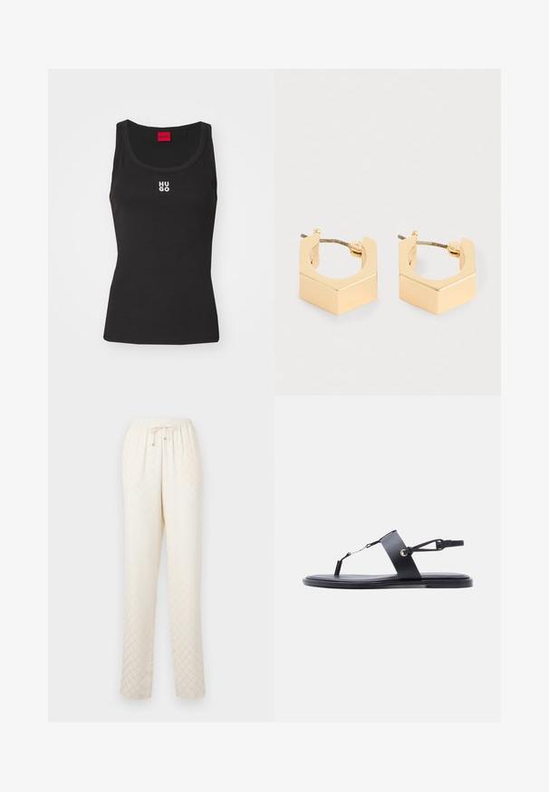 Zwarte tanktop van katoen met een ronde halslijn en zonder mouwen. Voorzien van een wit "HUGO" logo in het midden. Eenvoudig en aansluitend ontwerp.; Lichtbeige loungebroek gemaakt van zachte stof, met een ruitpatroon, elastische tailleband met aantrekkoord en een relaxed rechte pijpen.; Zwarte platte sandaal met een dunne teenband, brede middenvoetband en verstelbare enkelband op een witte achtergrond.; Een paar kleine geometrische oorringen in goudkleur met hoekige randen en een vergrendelmechanisme aan de achterkant op een lichte achtergrond.