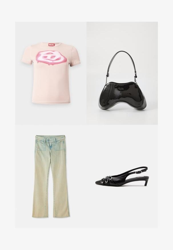 T-shirt rose clair à manches courtes avec un motif abstrait rose et blanc peint en spray sur la poitrine et une étiquette logo Diesel rouge au niveau de l'encolure.; Jean flare en denim bleu clair avec une finition délavée, présentant des passants de ceinture, deux poches avant et deux poches arrière avec des accents de couture.; Chaussure slingback en cuir noir avec bout pointu, trois boucles argentées à l'avant et petit talon kitten sur fond blanc.; Sac à main en cuir verni noir avec une forme incurvée unique, une anse courte et ajustable, et une fermeture zippée. Texture lisse avec un branding discret.