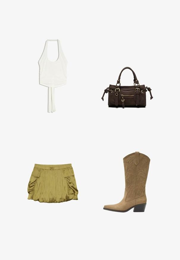 Haut blanc sans manches à col halter, avec un décolleté arrondi et deux longs liens en tissu qui pendent du centre du bas.; Jupe courte vert olive avec tissu froncé, taille élastique et deux poches à rabat sur les côtés.; Botte de cow-boy en daim tan avec broderie florale, bout pointu, languette de tirage et talon empilé de hauteur moyenne.; Sac à main en cuir marron foncé avec double poignée, poche avant zippée, boucles décoratives et nœuds latéraux sur fond blanc.