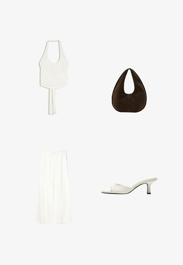 Haut blanc sans manches à col halter, avec un décolleté arrondi et deux longs liens en tissu qui pendent du centre du bas.; Pantalon blanc à jambes larges avec taille élastique et cordon de serrage, en tissu léger.; Mule en cuir blanc à bout ouvert avec un talon bloc incurvé de hauteur moyenne et une semelle carrée légèrement effilée à l’avant.; Sac à main en daim marron foncé en forme de croissant avec une seule sangle large et une texture lisse sur fond blanc.
