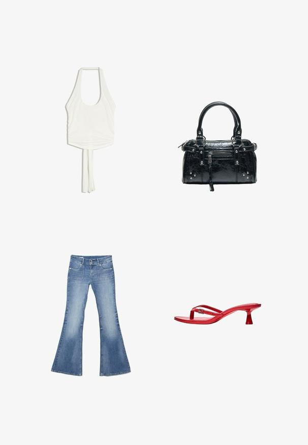 Haut blanc sans manches à col halter, avec un décolleté arrondi et deux longs liens en tissu qui pendent du centre du bas.; Jean en denim bleu avec jambes évasées, poches plaquées à l'avant, double bouton de fermeture et légère décoloration sur les cuisses et les genoux.; Bershka THAONG KITTEN HEEL - SANDALS - Sandales tongs - red; Sac à main en cuir noir avec deux poignées, poche avant zippée, clous argentés et surface texturée isolée sur fond blanc.