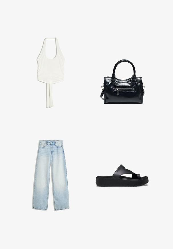 Weißes, ärmelloses Halterneck-Top mit rundem Ausschnitt und zwei langen Stoffbändern, die von der unteren Mitte herabhängen.; Hellblaue Denim-Jeans im weit geschnittenen Stil mit hoher Taille, fünf Taschen, einem Knopfverschluss und einem verwaschenen Finish. Sie haben gerade, lockere Beine.; Schwarze Plattform-Flip-Flops mit einer strukturierten Gummisohle, die ein Kreuzriemen-Design und eine matte Oberfläche aufweisen. Das Markenlogo ist dezent an der Seite angebracht.; Schwarze glänzende Lederhandtasche mit zwei Griffen, vorderer Reißverschlusstasche und abnehmbarem Schulterriemen auf weißem Hintergrund.