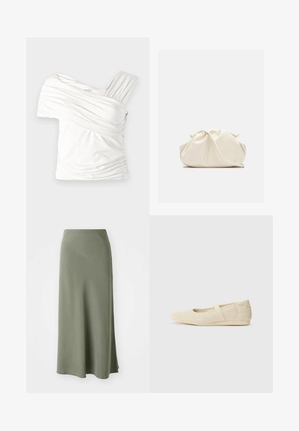Λευκή off-shoulder μπλούζα φτιαγμένη από μαλακό, ελαστικό ύφασμα. Διαθέτει πτυχώσεις και έναν φαρδύ ιμάντα από τη μία πλευρά. Λείο φινίρισμα.; Ελιάς πράσινη, φούστα μέχρι το γόνατο κατασκευασμένη από μαλακό ύφασμα με ομαλή υφή και φαρδύ κόψιμο, διαθέτοντας πλάγιο άνοιγμα για ευκολία κινήσεων.; Μπεζ μπαλαρίνες με λείο δέρμα εξωτερικά, αμυγδαλωτό τελείωμα, και ελαστική λωρίδα που διασχίζει το επάνω μέρος του ποδιού, με διακριτές ραφές.; Μαλακό, κρεμ δερμάτινο τσαντάκι χειρός με σχεδίαση με gathers και λεπτό λουράκι ώμου, τοποθετημένο μπροστά σε απλό φόντο.