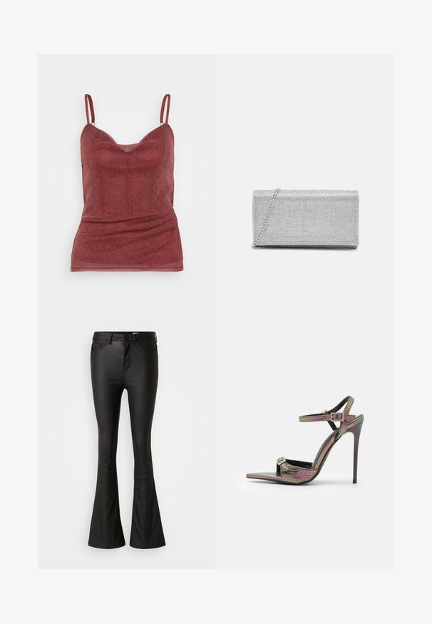 Bordeaux camisole med tynde justerbare stropper, let rynket tekstur og en tætsiddende pasform. Stoffet har en subtil glimmer-effekt.; Sorte flared jeans lavet af et blankt, glat materiale. Har høj talje, forlommer og en lynlås med knaplukning.; Hæle sandal med multikolor, tekstureret slangeprint. Har justerbare ankelremme og en spids tådesign.; Sølvmetallic clutchtaske med vævet netdesign, rektangulær form og en kædestrop til at bære. Glat tekstur og poleret finish.