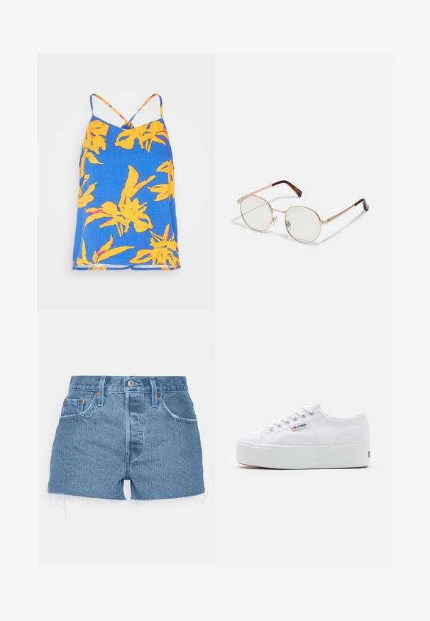 ONLY ONLALMA LIFE CYRUS SINGLET - Μπλούζα - dazzling blue; Levi's® 501® ORIGINAL SHORT - Τζιν σορτς - ojai light stone; Λευκό καμβά sneaker με χοντρή λευκή πλατφόρμα, στρογγυλή μύτη και μεταλλικές οπές για τα κορδόνια. Το λογότυπο της επωνυμίας εμφανίζεται στο πλάι.; Χρυσά μεταλλικά γυαλιά οβάλ σχήματος με διάφανους φακούς. Σαπφείρινα διακοσμητικά στους βραχίονες. Ρυθμιζόμενα στηρίγματα μύτης για άνεση.
