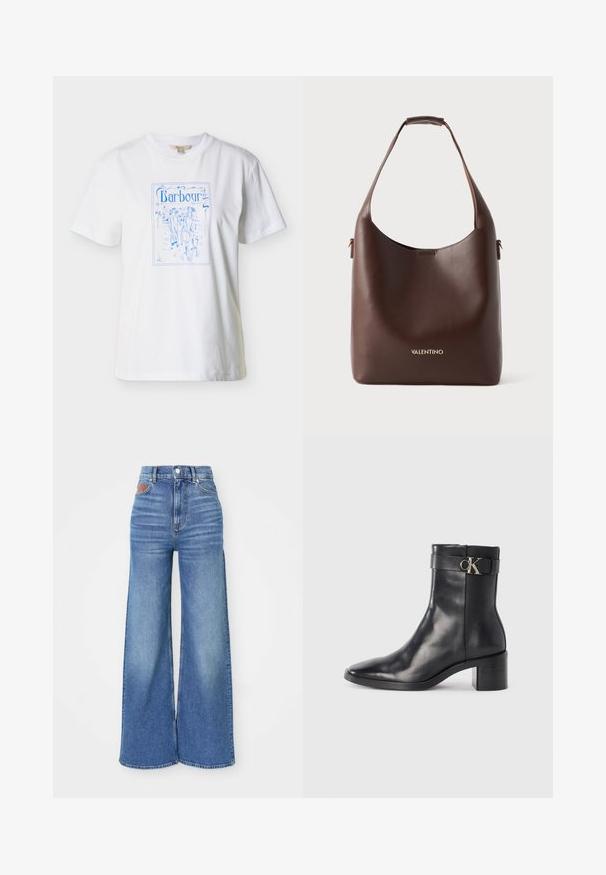 T-shirt en coton blanc avec une impression graphique bleue représentant des silhouettes marchant avec un chien et le mot « Barbour » dans un cadre rectangulaire.; Jean taille haute à jambe large en denim bleu clair avec un léger délavage, dotés d'une fermeture à bouton et d'un accent en cuir au niveau de la ceinture arrière.; Botte de cheville en cuir noir avec un bout pointu, un talon carré et une sangle avec un détail de logo métallique. Texture lisse et design minimaliste.; Sac à épaule en cuir marron avec une forme arrondie, équipé d'une sangle plate et d'un logo "Valentino" doré en bas. Texture lisse, design minimaliste.
