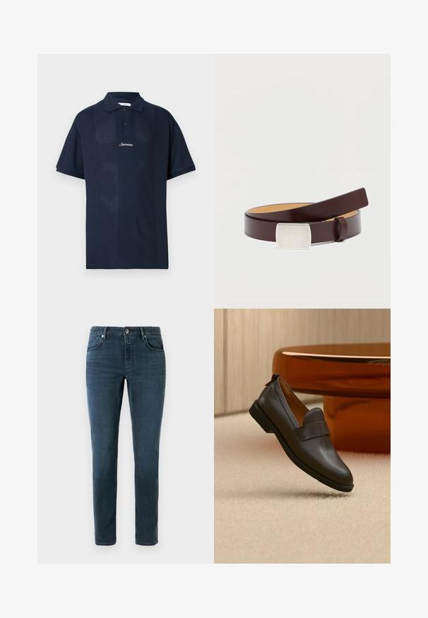 Polo bleu marine en tissu texturé. Comprend des manches courtes, un col classique et une patte de devant avec deux boutons. Logo "Samsøe" affiché.; Jeans bleu foncé à coupe slim, design à cinq poches et fermeture à bouton. Fabriqués en denim avec une texture lisse et un léger délavage.; Mocassin en cuir marron foncé avec un petit talon flottant au-dessus d'un tapis beige, à côté d'une table brillante, arrondie et de couleur ambre.; Ceinture en cuir marron avec une boucle rectangulaire en argent, texture lisse et doublure intérieure plus claire contrastante. Design simple et classique.