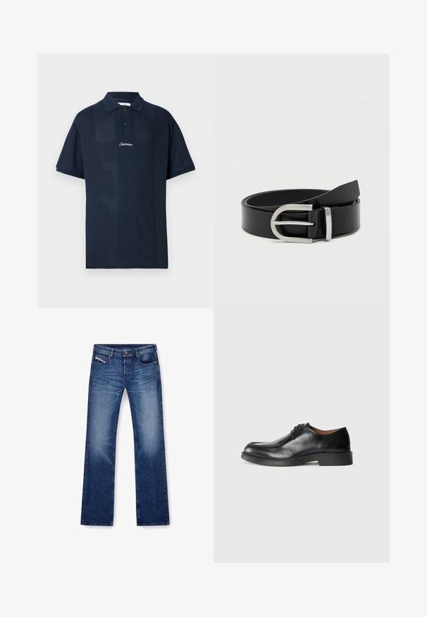 Marineblå poloshirt lavet af tekstureret stof. Har korte ærmer, en klassisk krave og en front med to knapper. "Samsøe" logo vises.; Blå denim jeans med en lige ben-design, fem lommer og en tonet syning. Stoffet har en glat tekstur med let lyse effekter.; Sorte lædersko med rund tå, glat overflade, snøre detaljer og en lav, tekstureret gummisål. Rene linjer og minimalistisk design.; Sort læderbælte med en glat overflade, der har en sølvmetalklausul og en klassisk rektangulær form.
