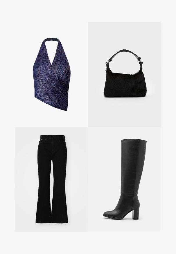 Wickeloberteil aus strukturierter Stoff mit lila und blauen Streifen. Halterneck mit einer schwarzen Verschluss, eine Seite mit einem Knopfdetail akzentuiert.; Schwarze Schlagjeans mit hoher Taille, aus Denim gefertigt, mit Fronttaschen und genähten Akzenten entlang der Seitennaht.; Schwarze kniehohe Stiefel aus glattem Leder, mit einem stabilen Absatz und runder Zehenpartie. Minimalistisches Design ohne sichtbare Hardware oder Dekorationen.; Schwarze Kunstfell-Handtasche mit weicher Textur, runder Form und einem stabilen schwarzen Leder-Schulterriemen. Sichtbare silberne Hardware-Akzente.