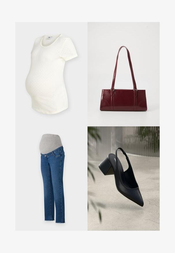 Camisa blanca de manga corta para maternidad con un sutil patrón de diamantes y cuello redondo, diseñada para adaptarse a la barriga de una mujer embarazada.; Jeans de maternidad con una cinturilla elástica gris y denim azul claro, con un corte de pierna recta y acentos de dobladillo deshilachado.; Zapato de tacón slingback de cuero negro con punta afilada y tacón cuadrado. Textura suave, diseño minimalista y correa ajustable en el tobillo.; Bolso burdeos hecho de material brillante, de forma rectangular, con dos asas para el hombro y sutiles acentos curvados en la parte frontal.