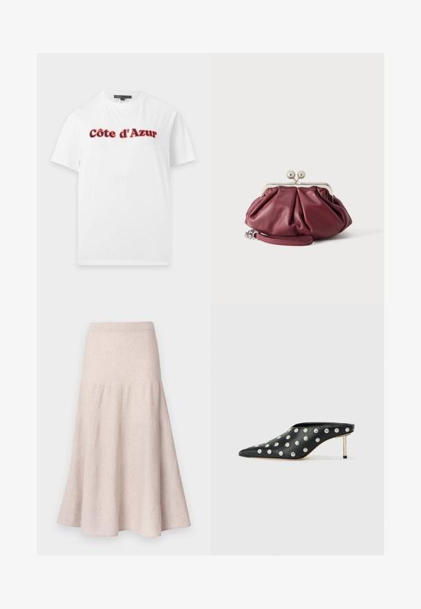 Witte T-shirt met korte mouwen met de tekst "Côte d'Azur" in rode en zwarte vette letters over de borst, weergegeven op een effen achtergrond.; Lichtbeige uitlopende rok van zachte stof, met een hoge taille en een geplooid ontwerp met een vloeiende silhouet.; STAND STUDIO KELSEY - Muiltjes met hak - black; Kleine bordeauxrode leren clutch met zilveren metalen gesp en polsriem op een witte achtergrond.